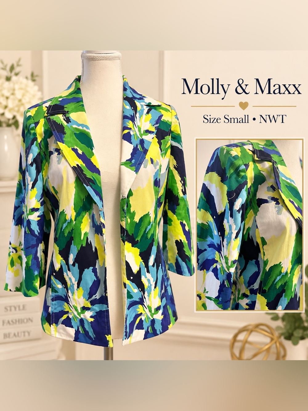 Molly & Maxx Abstract Floral Jacket Size Small NWT Colorful Zip Blazer